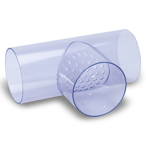 PVC T-Stück 90° Transparent, Klebemuffe, mit Luftlöchern für drucklose Anwendungen