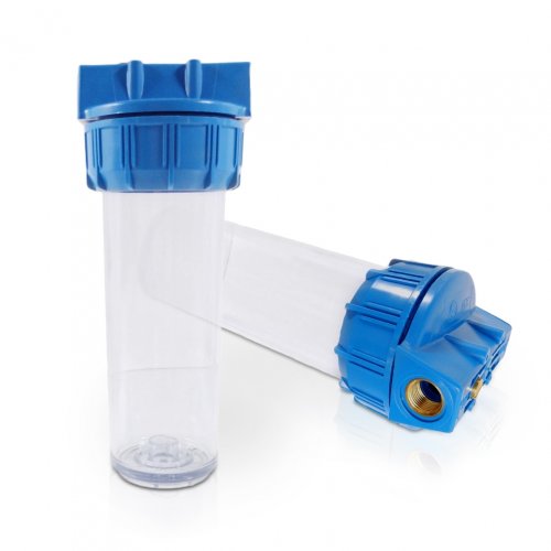 RF Standard Wasserfilter Filtergehäuse 10 Zoll,  mit 1/2 Zoll MS-Innengewinde, blau/transparent